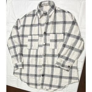 Plaid Button Up Shirt Women's XL Black White Polyester Long Sleeve Pockets